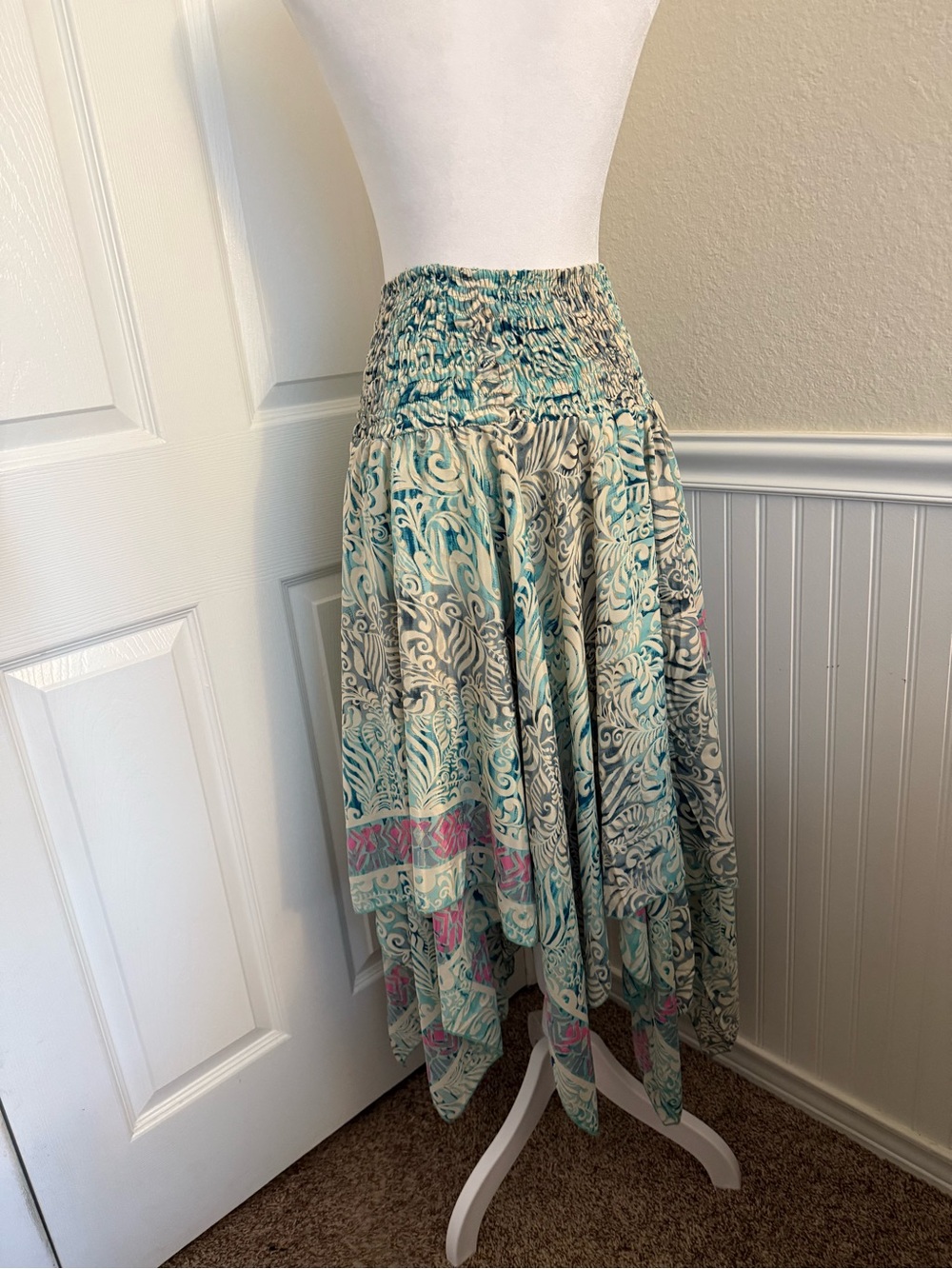 Etc Silk Blend Smocked 2-in-1 Handkerchief Midi Dress Skirt NWOT - Picture 10 of 10